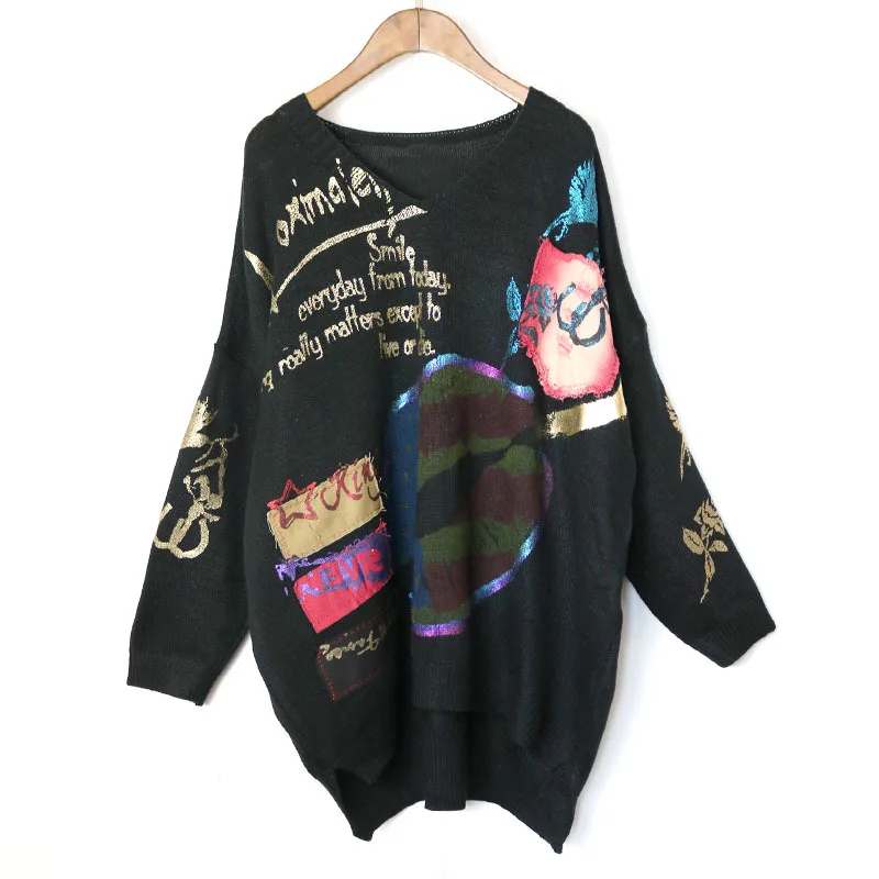 

Popular Brand WOMEN'S Dress Winter New Style Lettered Lips Printed Bronze Applique Loose And Plus-sized Thick Sweater Women's 91