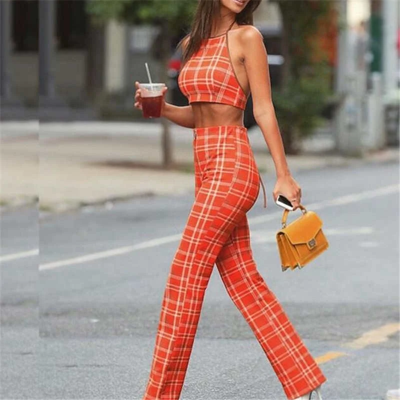 Conjunto de ropa a cuadros de verano de talla grande mujer moda 2018 sin mangas para vacaciones + Pantalones largos 2 uds. Traje de playa 2XL| Conjuntos de - AliExpress