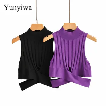 

Women 2 Color Hem Irregular Cross Short Vest Thin Sweater Ladies Basic Knitted Casual Slim Sweaters Female Autumn Chic Tops