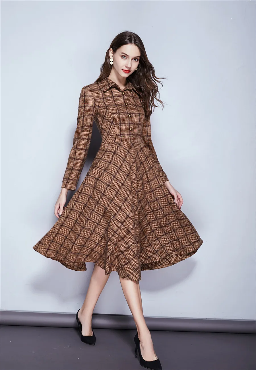 

8281 # According Nalini Ozhouzhan Autumn And Winter New Style Retro Elegant Slimming Plaid Woolen Cloth Big Hemline Dress Medium
