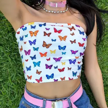 

Womens Sexy Off Shoulder Strapless Tube Crop Top Multicolor Butterfly Print Slash Neck Bandeau Slim Beach Party Mini Streetwear