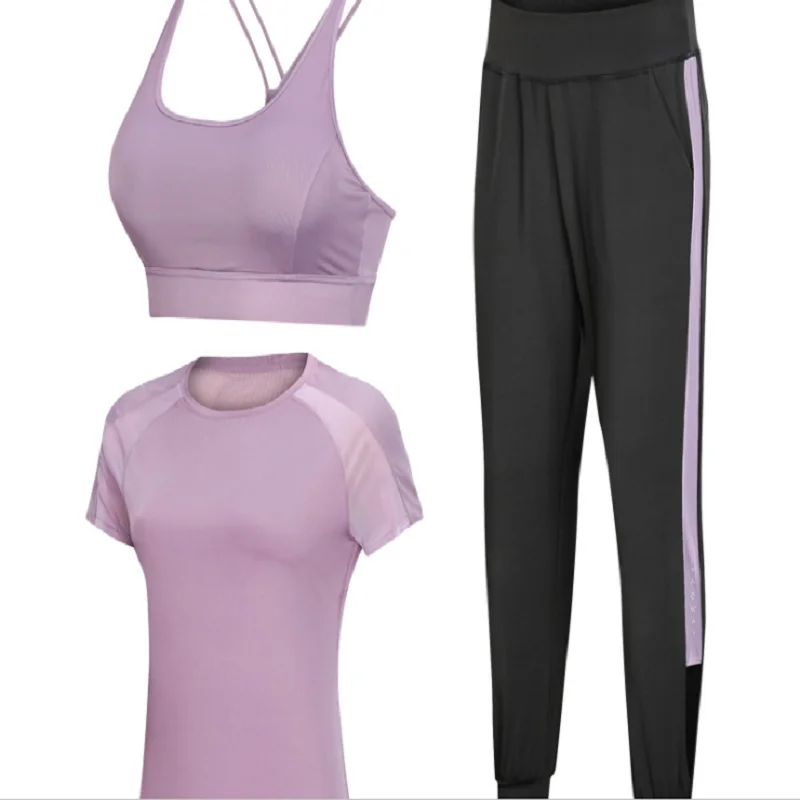 Purple-1-3pieces set Damdos женская спортивная одежда Йога набор фитнес одежда для спортзала и бега теннисная рубашка+ брюки для йоги, леггинсы для пробежки тренировки спортивный костюм - Цвет: Purple-1-3pieces set