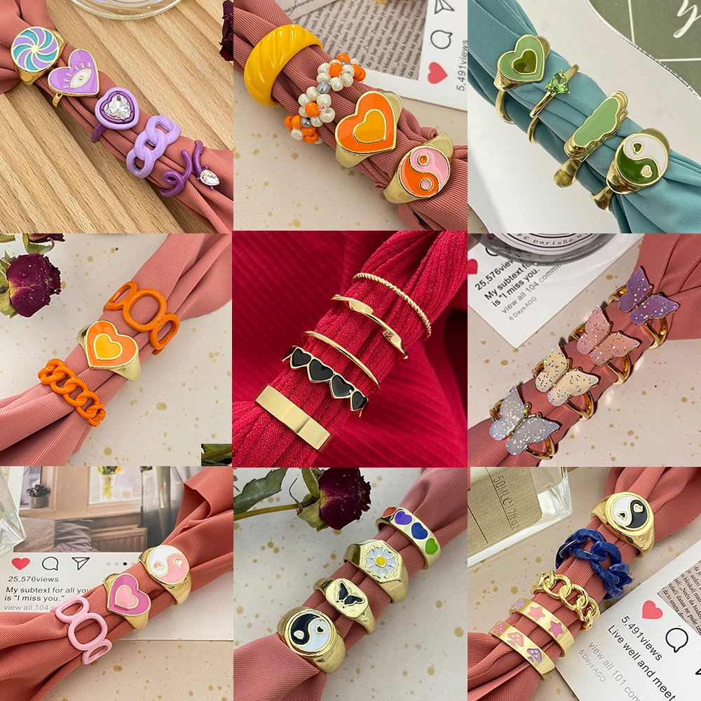 Fashion Gold Color Geometric Heart Rings Set for Women Colorful Purple Green Resin Ring Wholesale Jewelry | Украшения и