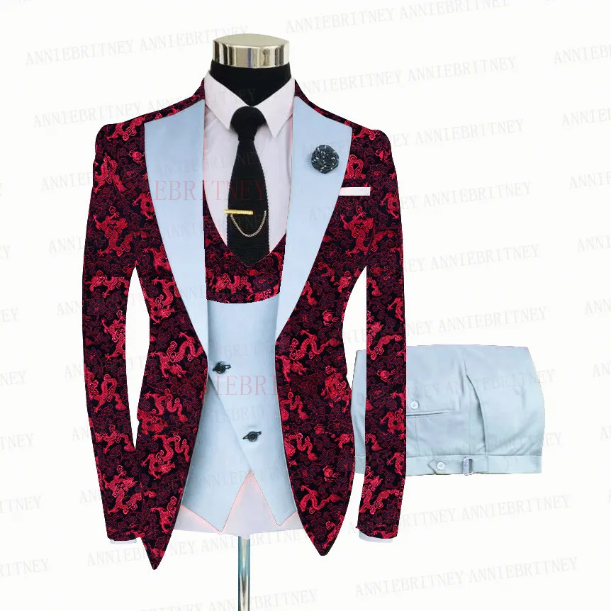 Red Floral Jacquard Wedding Suit For Men 3 Pieces Tailored Shiny Blazer Masculino Slim Fit Tuxedo Set Conjuntos De Chaqueta