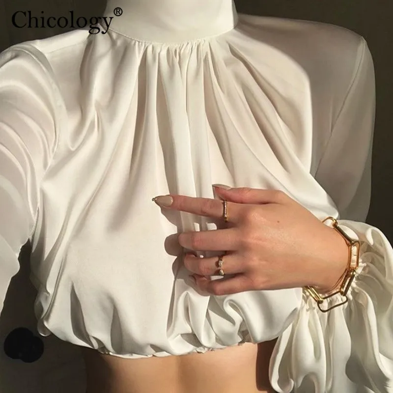 Chicology Сплошной длинное фонари рукавами футболка кроп Топ женское ruched нарядные элегантное офисное офисные офис леди Tshirt осень осеннее зимняя одежда футболка вечерние праздник Рождество с высоким воротом