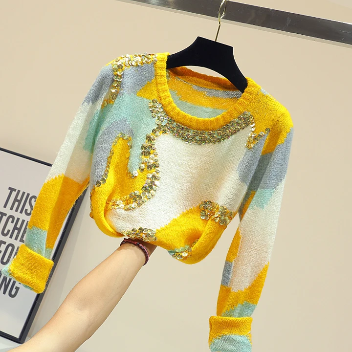 New Korean Women's Loose Sweater Girls Student Streetwear Lazy Wind Jumper Female Long Sleeve Sequins Knitted Shirt Pull Femme