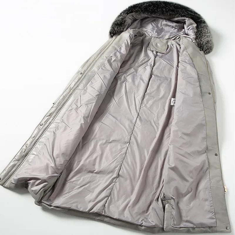 Женское пальто из натуральной кожи, Осень-зима, теплые длинные топы, Женское пальто с капюшоном из овчины, с воротником из лисьего меха, длинное пальто серого цвета, M 3XL