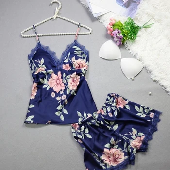 

2020 Women Lace Satin Lingerie Sleepwear 2Pcs Pyjamas Sets Ladies Sexy Babydoll Nightwear Nightwear Flower Print Nightgowns