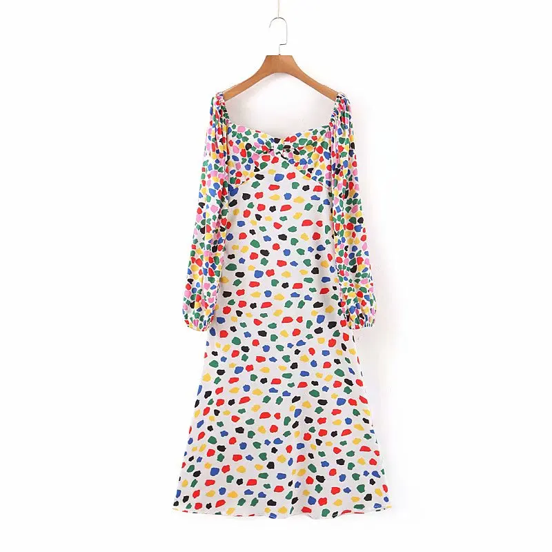 Vintage colorful dot print autumn summer dress women square neck slim waist satin party dress robe femme dropshipping