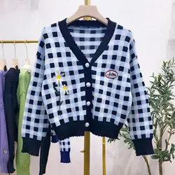 2019 осень и зима Новый стиль корейский стиль Клетчатый свитер кардиган женский винтажный студенческий стиль короткий вязаный свитер