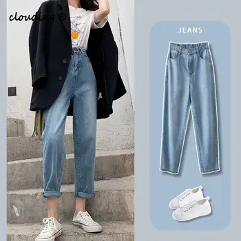 

High Waist Blue Women Plus Size Elastic Waist Denim Pants Autumn Spring With Zipper Vintage Jeans For Ladies