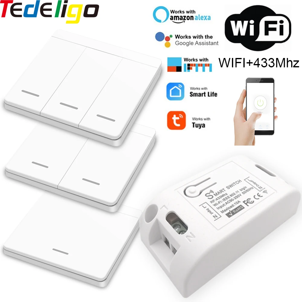 

Tuya APP Smart Lights WiFi Push Button Switch RF 433Mhz 90-250V 10A DIY Relay Voice Timing Controller, Google Home Amazon Alexa