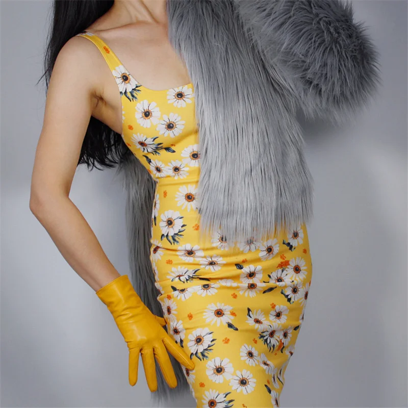 25 см женские перчатки из натуральной кожи короткие козья кожа тонкий бархат выстроились серый S00193-SH