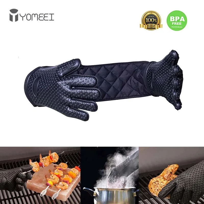 YOMEEI One-piece BBQ Gloves Heat Resistant Oven Mitt Silicone BBQ Gloves Five Finger Oven Cooking Pot Holder Kitchen