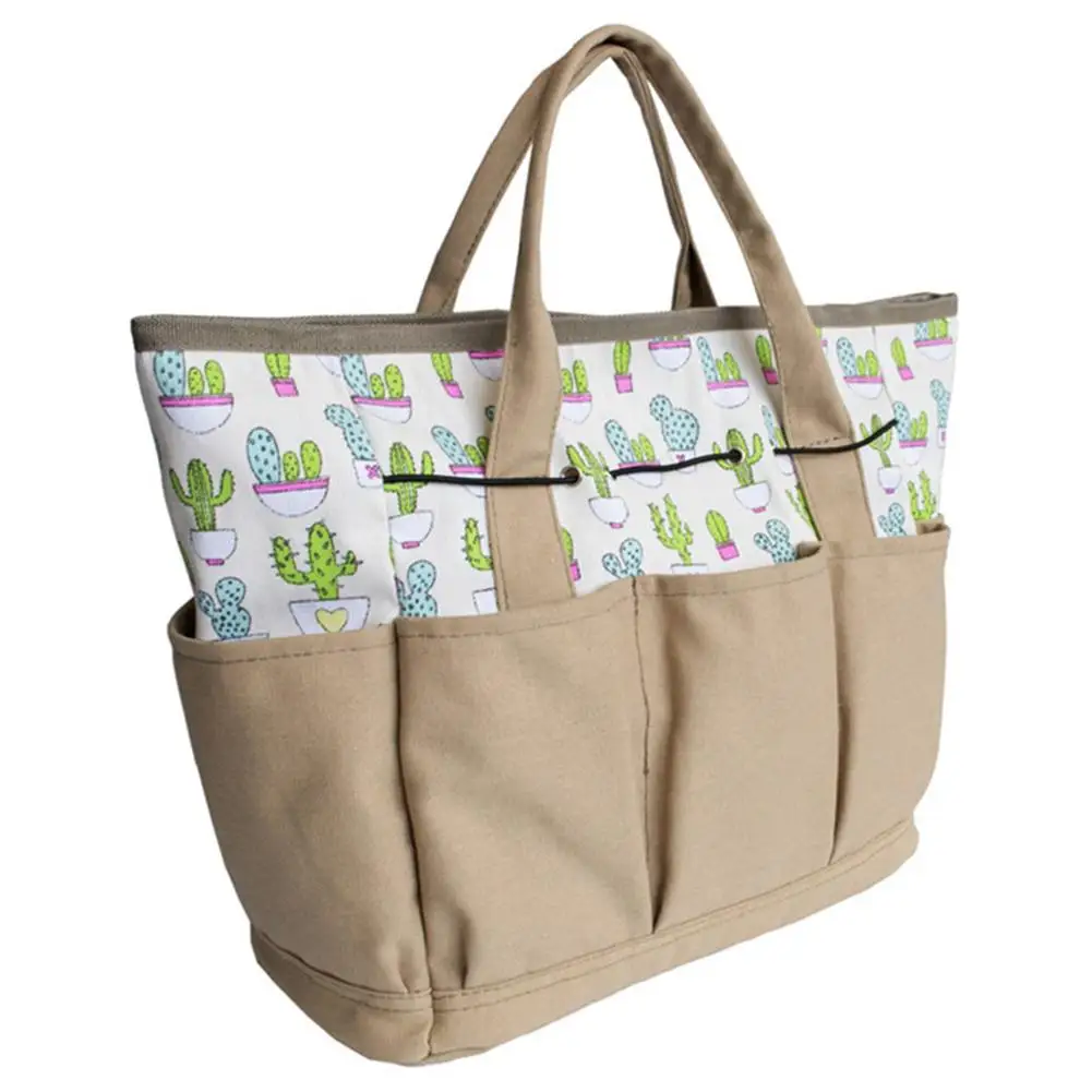 Garden Tool Storage Bag Cactus Pattern Canvas Outdoor Multi Pocket Gardening Tool Organizer Tote Bag Carrier