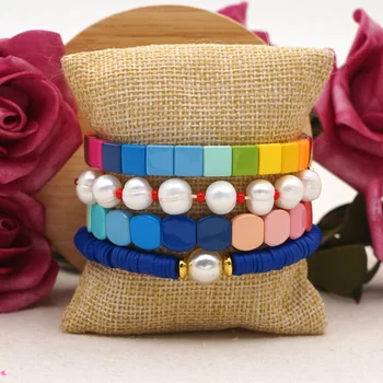 

Shinus Handmade Womens Jewelry Bohemian Bracelet Set Enamel Alloy Natural Pearl Polymer Clay Beads Summer Beach Bracelets Sets