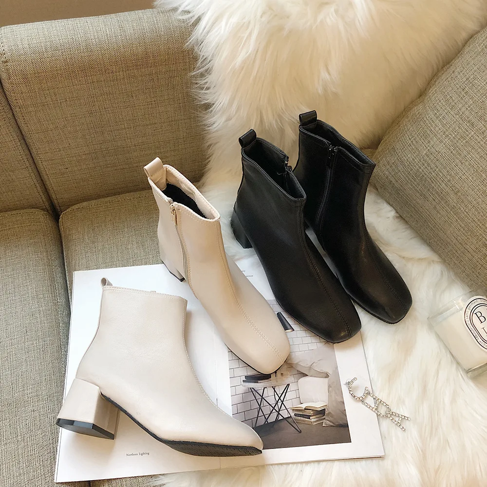 

2019 New Women Ankle Boots High Quality Soft Skin Ankle Boots Square Low Heel Zip Causal Ladies Shoes Boots Fur Boots Women
