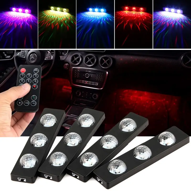 4x LED RGB Car Interior Light Decorative Atmosphere Lamps Car Ambient Foot Star Starry Light Wireless With Voice Control 12V