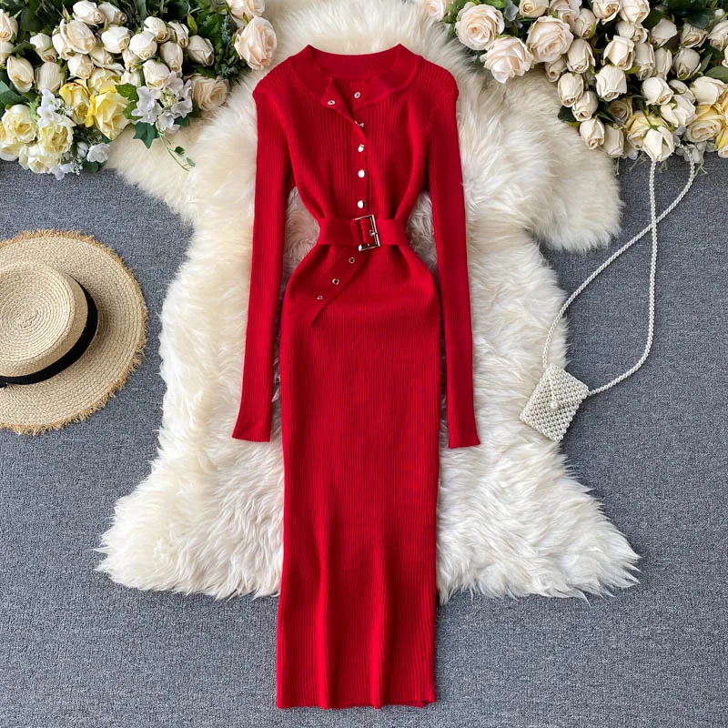 New Women Knitted Dress Fashion Spring Autumn Long Sleeve with Belt Bodycon Dresses Ladies Elegant Party Sweater Robe | Женская одежда