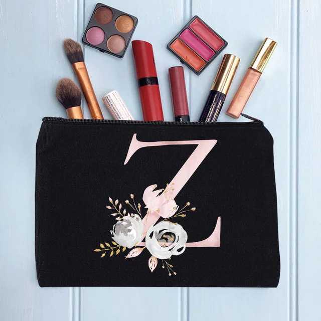 Women's Cosmetic Makeup Bags Female Organizer Pink Flower 26 Letters School Pencil Cases Carrying Bag for Coin Purse pink flower Z