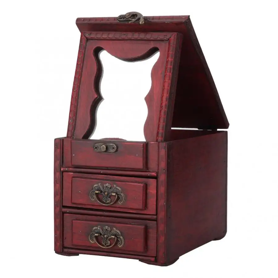 Vintage Wooden Jewelry Boxes Container Rings Earrings Necklace Bracelet Storage Holder with Mirror Drawer Watch Display