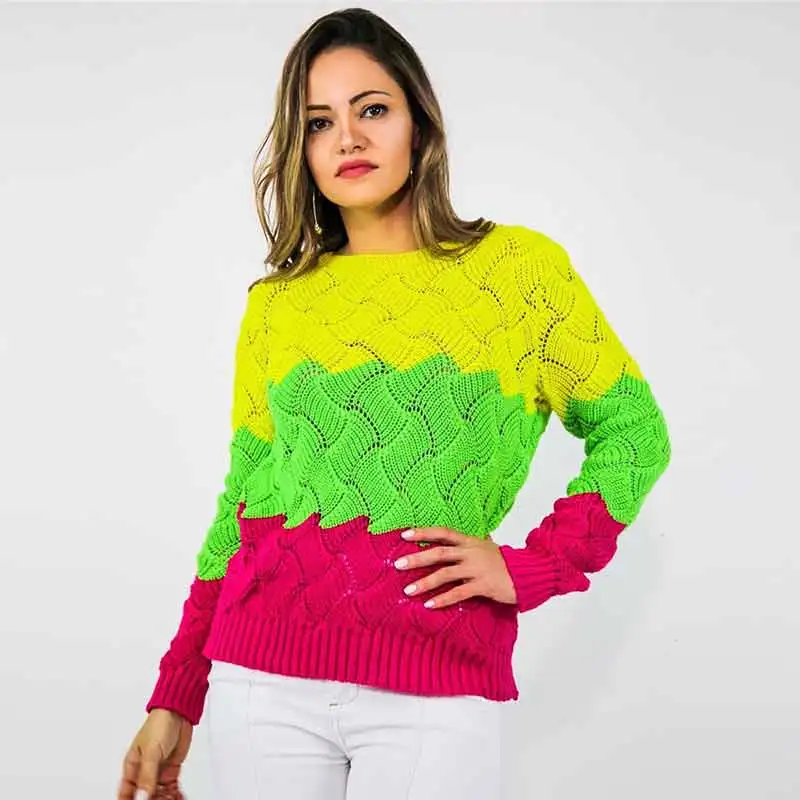 Зимний свитер женская одежда Дамский вязаный свитер платье с длинными рукавами в стиле пэчворк с круглым вырезом винтажный пуловер Femme Nouveaute - Цвет: green and yellow