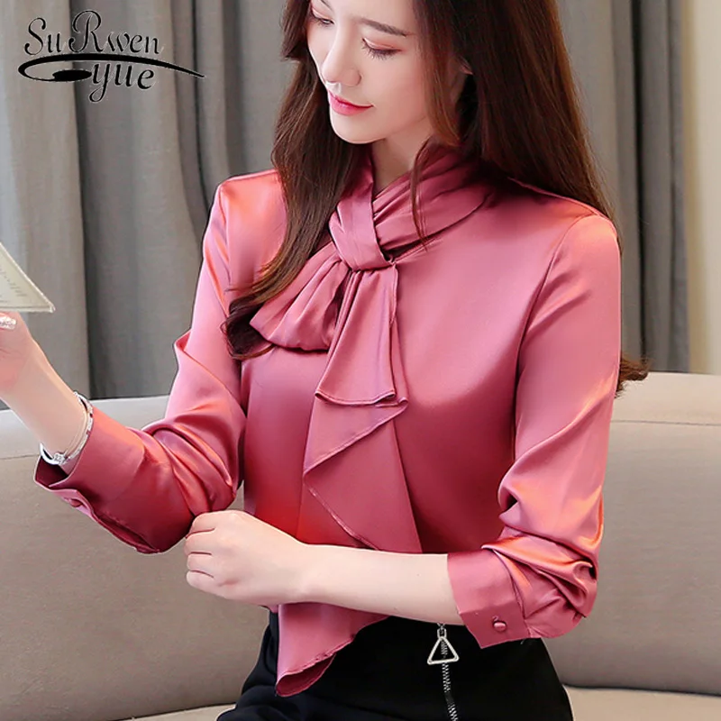 

Autumn Women Shirts Women Tops and Blouses 2019 New Bow Tie Silk Shirt Long Sleeve Shirt Solid Button Office Lady Shirts 6442 50