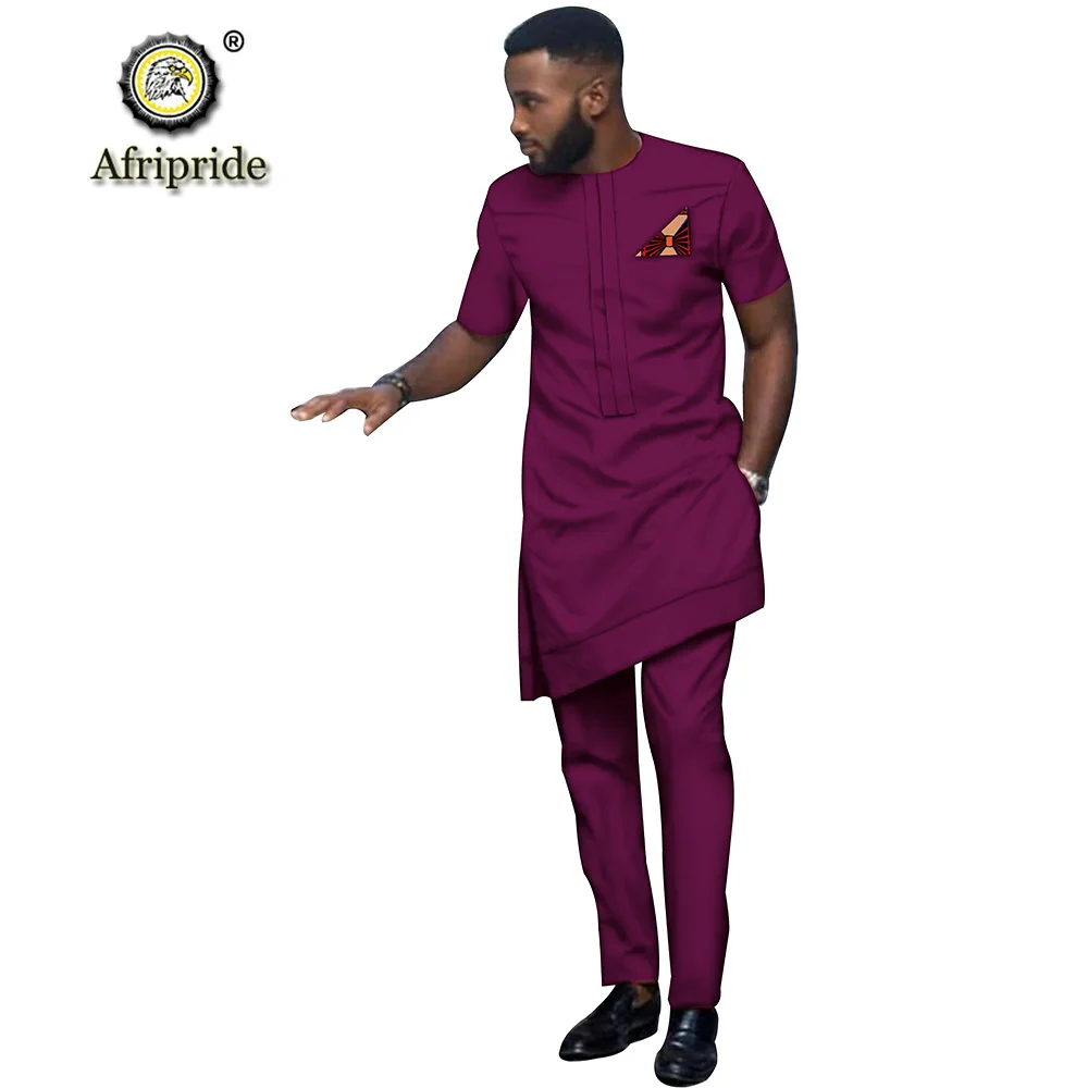 Африканская Мужская одежда, костюм в этническом стиле, длинная рубашка с принтом, штаны, комплект из 2 предметов, Дашики, короткий рукав, спортивный костюм AFRIPRIDE S1916016 - Цвет: 2-499