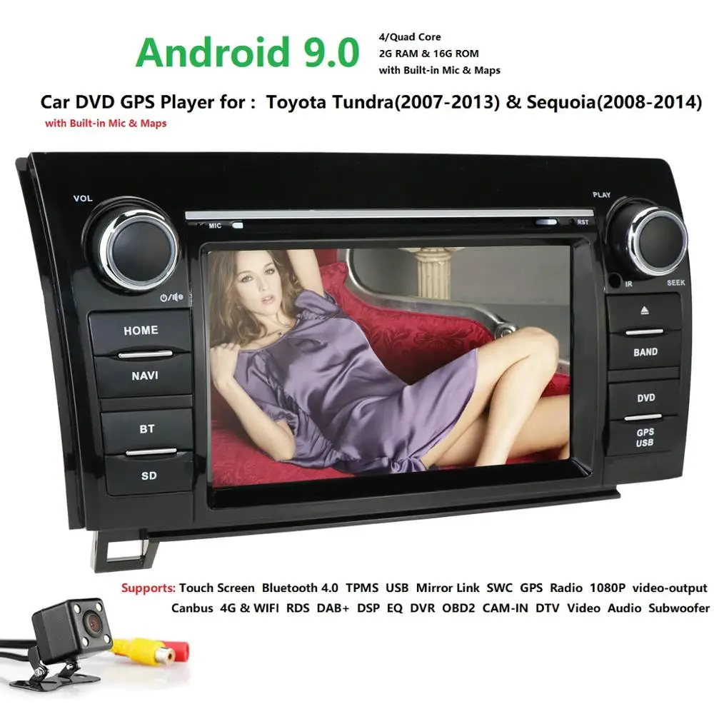 Top Android 9.0 Car DVD Player For Toyota Tundra 2007-2013/ Sequoia Stereo GPS DAB+SWC RDS DVR DVBT BT 4GWIFI CAM MAP QuadCore 2GRAM 0