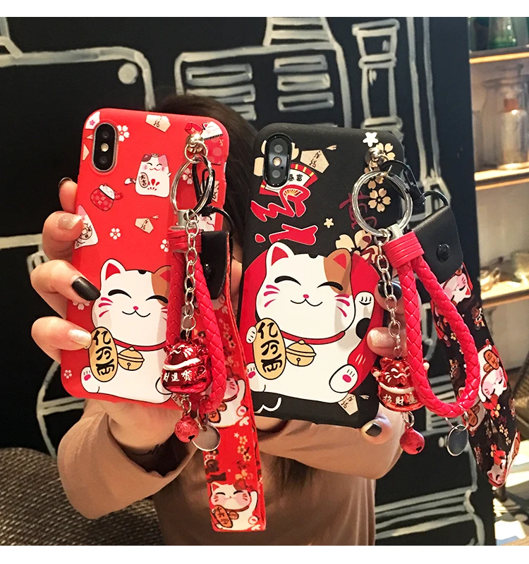 Для iphone 11 pro/XSMax 8 7 6s plus чехол с кошкой милый мягкий чехол для телефона для iphone XR 8plus оболочка с изображением из мультфильма Lucky cat bell ручные ремни