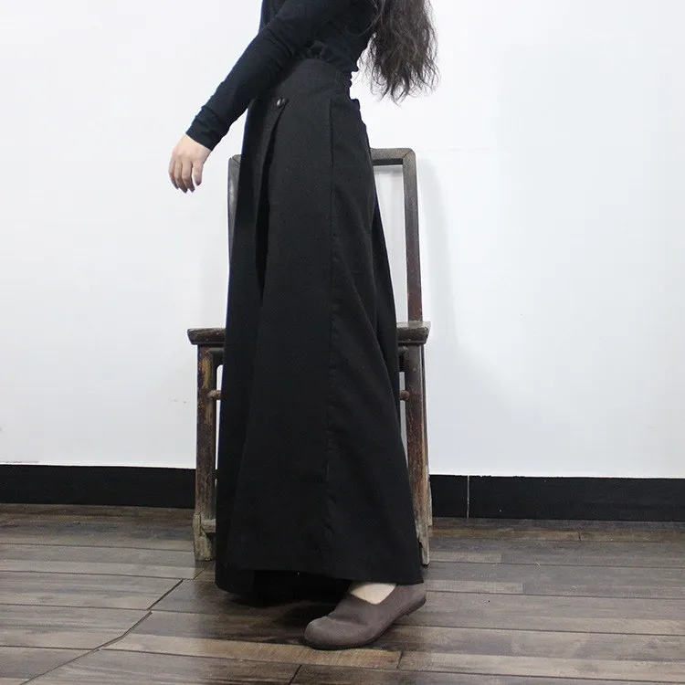 Fashion One Button Back Elastic Waist Wide Leg Pant Women Loose Asymmetric Pants Large Flare Hem Casual Trousers
