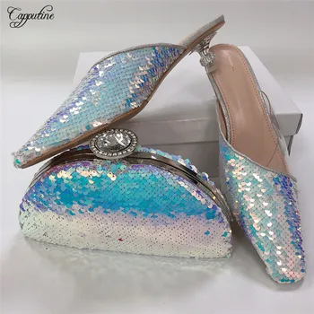 

Amazing party medium heel slip-on shoes and purse bag sets with sequins for lady CR421, heel height 4.5cm