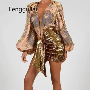 

FENGGUILAI Trendy Multicolor Shiny Paillette Side Sashes Bow Knot Skirt Female Chic Party Evening Colorful Sequined Mini Skirts