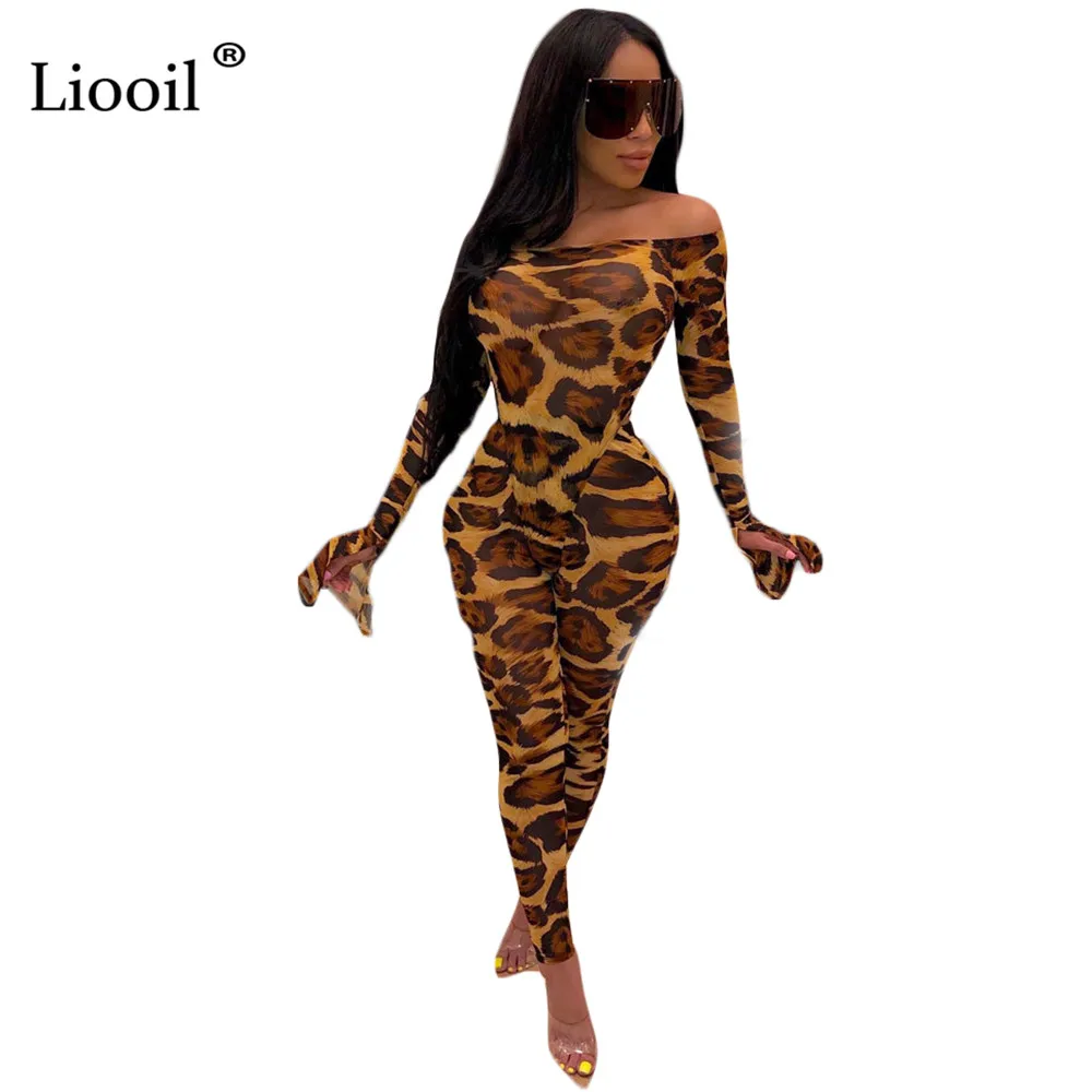 

Liooil Leopard Print Two Piece Tight Set Party Club Outfits For Women 2019 Flare Sleeve Off Shoulder Sexy Bodysuit And Long Pant