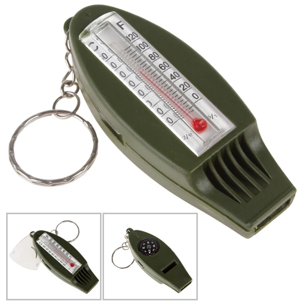 

4-In-1 Outdoor Multifunctional Survival Whistle + Compass + Magnifying + Thermometer for Camping with Key Ring