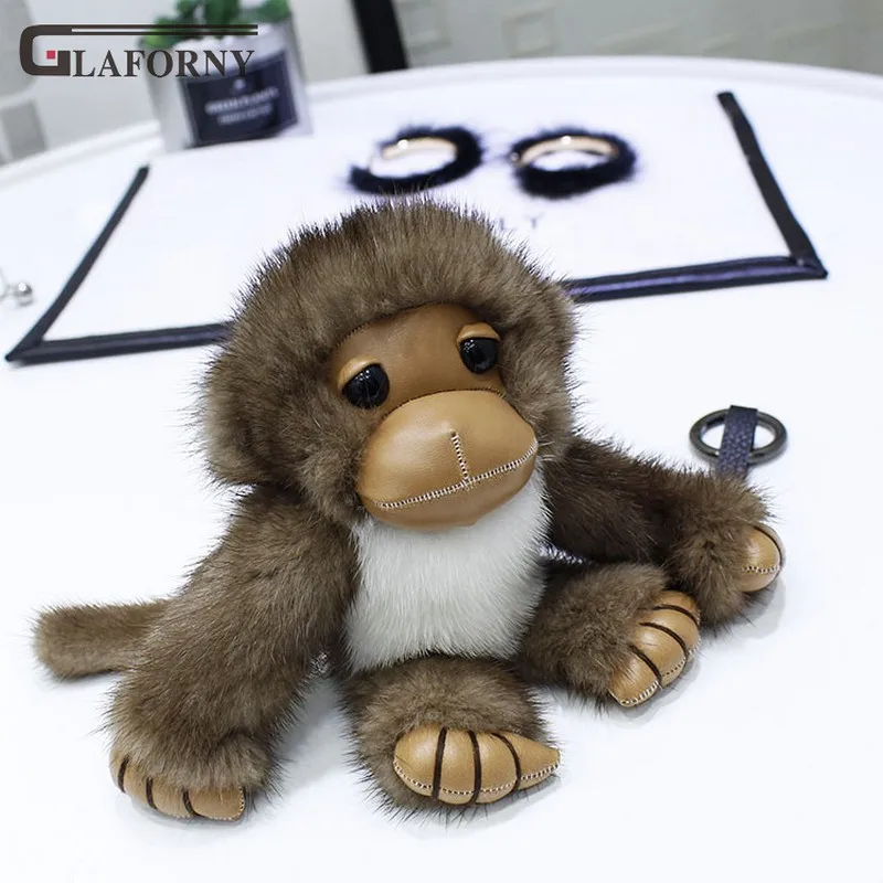 

2019 Glaforny keychain mink hair gibbon plush pendant lucky monkey ornament bag fur key chain personalized car key ring