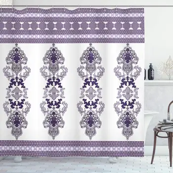 

Damask Shower Curtain, Traditional Middle Eastern Motifs Bohemian Arrangement with Swirls, Cloth Fabric Bathroom Decor Set with