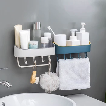 

Wall Mounted Kitchen Bathroom Storage Rack Shelf Hooks Hanger Draining Holder Organizer Shower Shelf Bathroom Storage Rack