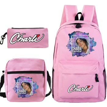 

Canvas Backpack Purse Mochila 3 Pcs/sets Charli D'Amelio Pencil Case Crossbody Bags Pink Backpack Kids School Bags for Girls