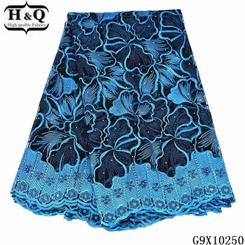 

H&Q sky blue french net lace african tulle fabric embroidery with stones and beads 5 yards/piece nigerian mesh laces fabrics