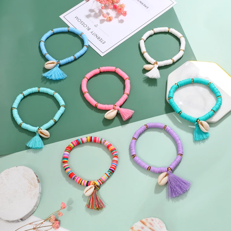 Pulsera de conchas de borla para mujer, cuentas de goma coloridas, pulsera de concha hecha a mano, joyería de playa de verano, 2020