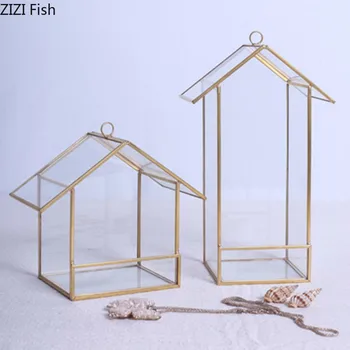 

House Shape Transparent Glass Vase Metal Frame Succulents Flower Display Box Glass Flower Room Home Decoration Vase