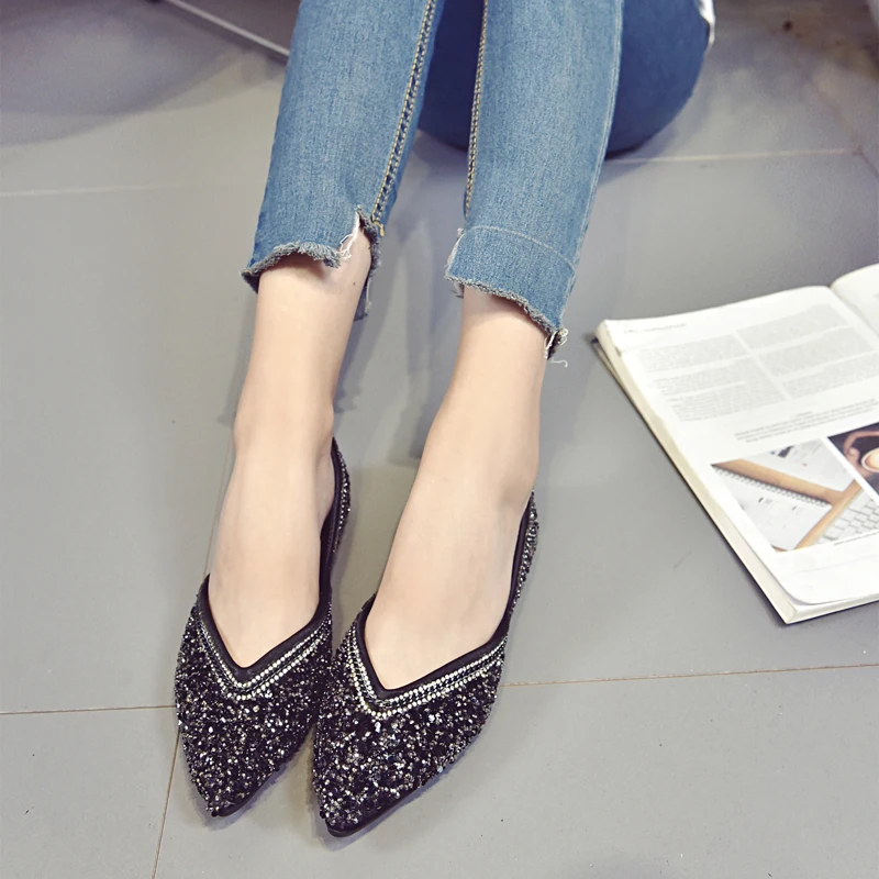 rhinestones women casual shoes fashion shiny ladies dress footwear pointed slip on female ballet flats mixed colors moccasins (41)