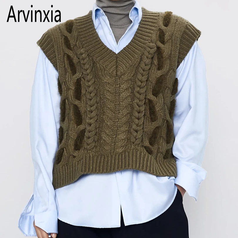 Arvinxia ZA однотонный вязаный женский зимний свитер с v-образным вырезом