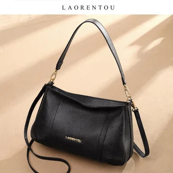 

LAORENTOU Ladies Commute Shoulder Bag 100% Genuine Leather Soft Female Messenger Bag Simple Elegant Women Zipper Cross-body Bag