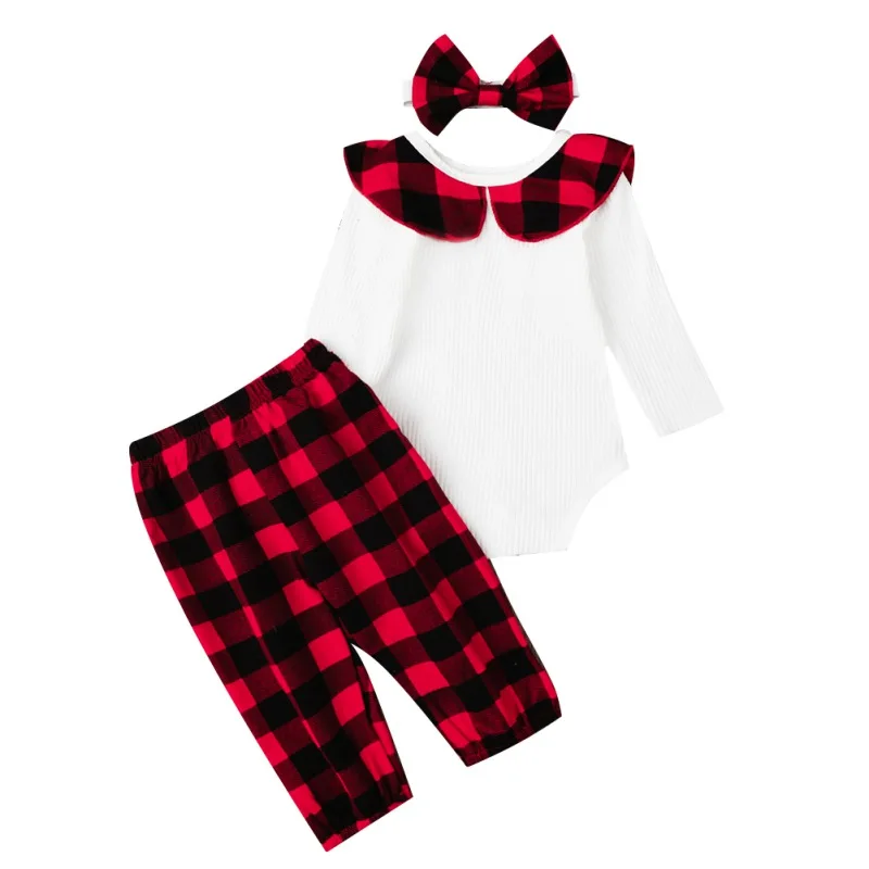 

New Fashion Cute Girl Baby Clothes Christmas Plaid Printing Long Sleeve Top Pants Set