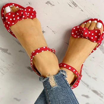 

Women Bowtie Sandals 2020 Summer Female Print Dot Shoes Woman Fashion Flats Women's Buckle Strap Comfortable Footwear Plus Size