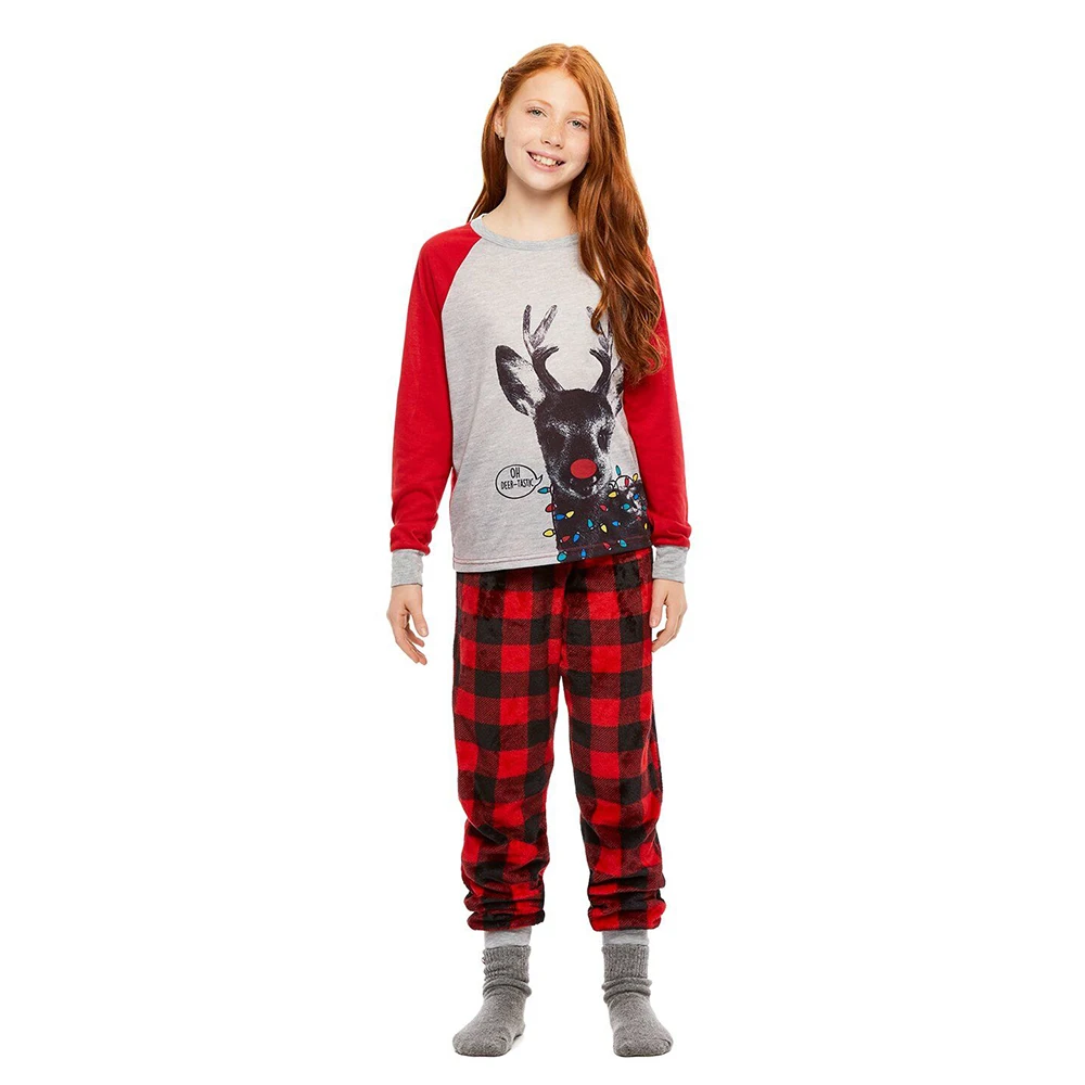 Рождественская футболка для маленьких девочек, топы, штаны с оборками, комплект из двух предметов для девочек, топы с длинными рукавами и принтом оленя и штаны, пижамы для родителей и детей - Цвет: 4T