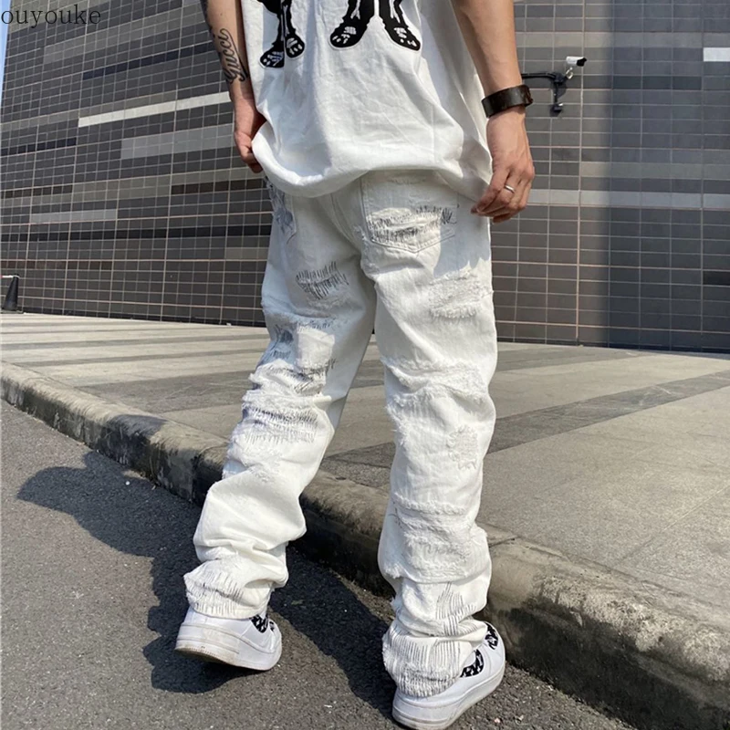 2022 jeans strappati business da uomo e da donna jeans larghi da strada  jeans patchwork jeans hip hop jeans neri jeans bianchi|Jeans| - AliExpress