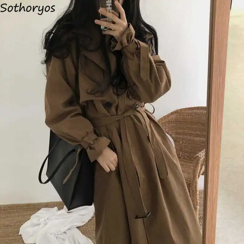 Gabardina de estilo largo para mujer, fajas con lazo de temperamento, doble botonadura ajustada para estudiantes, abrigo Ulzzang ajustado que combina con todo, Ins de moda